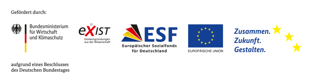 Logos der Förderer: Bundesministerium für Wirtschaft und Klimaschutz, Exist, ESF Europäischer Sozialfonds für Deutschland